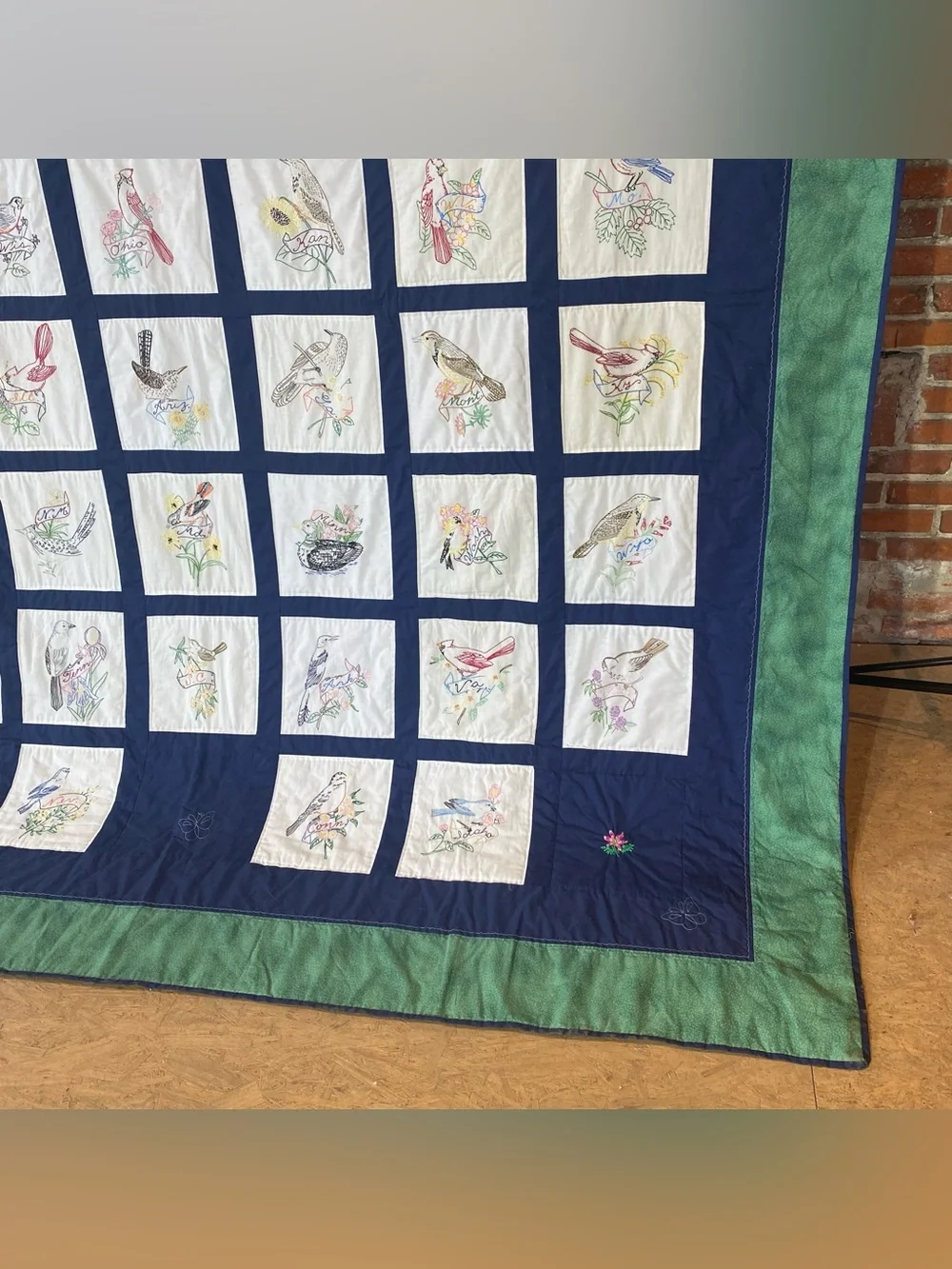 Vintage Embroidered State Bird Blocks Quilt 50 States 96” X 109”
